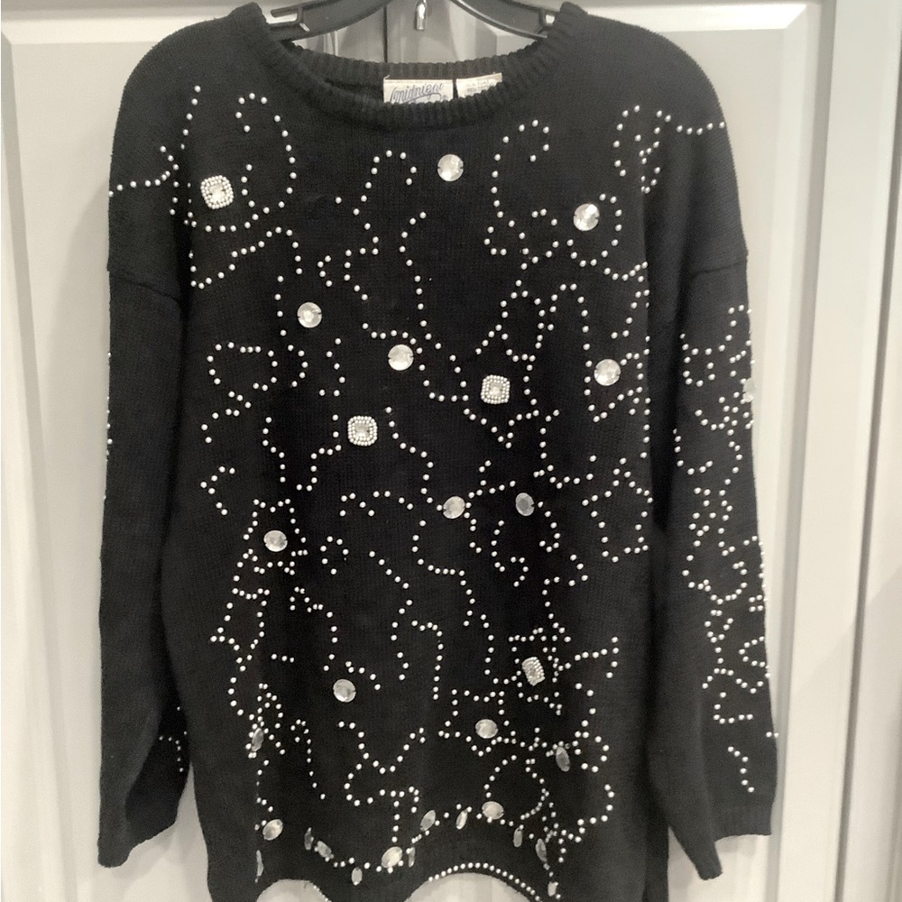 Midnight Blues 80’s Vtg Pullover Long Sleeve Sweater Pearls Rhinestones Size S/P
